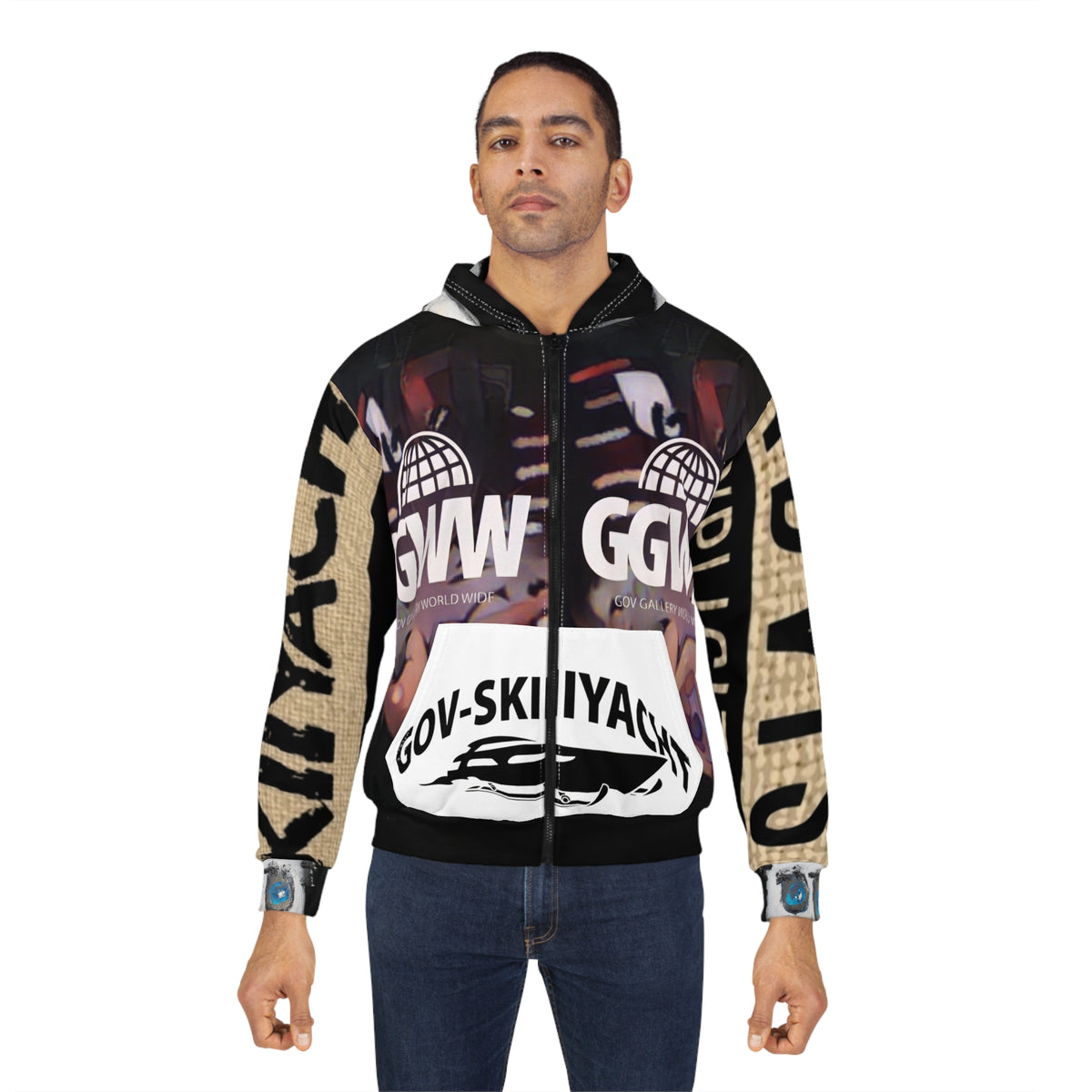 GGWW Gov-Skiiyacht Graphic Zip Hoodie — Abstract Face Art Streetwear